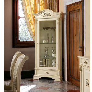 витрина угловая c дерев стенкой и подсветкой мебель для гостиной Пуччини (Puccini bianco oro PL70)